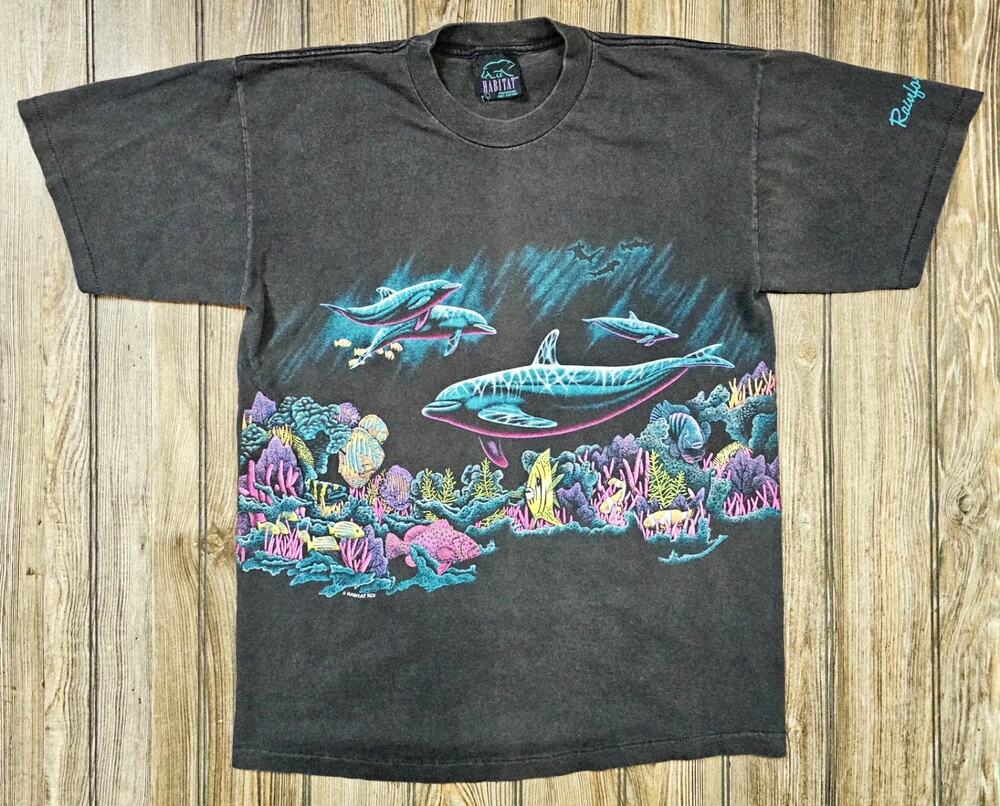 Vtg USA 90s Habitat T-Shirt L Black Dolphins AOP Single Stitch Ocean Life USA